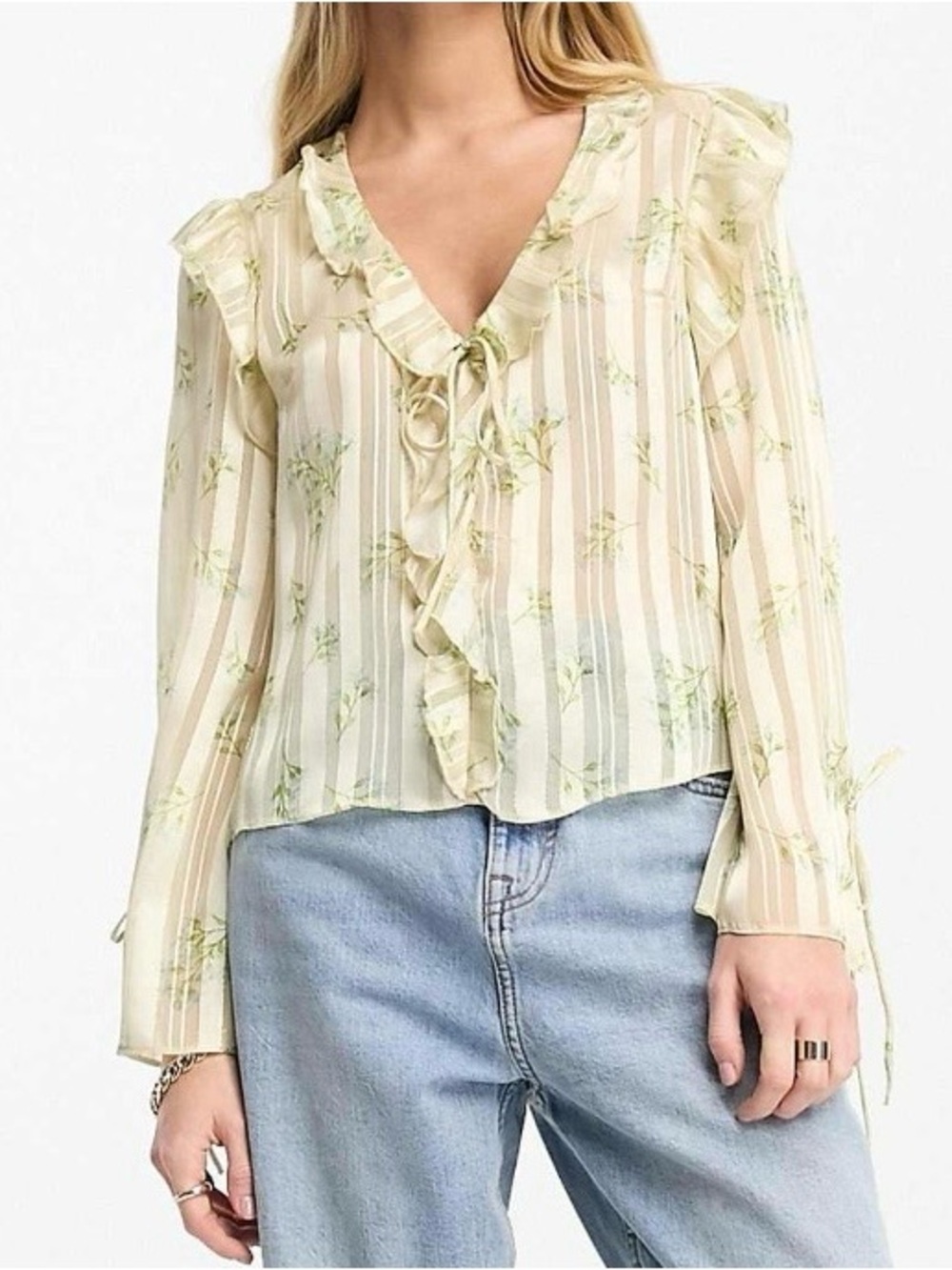 River Island Tie Front Ruffle Chiffon Boots In Cream Floral
